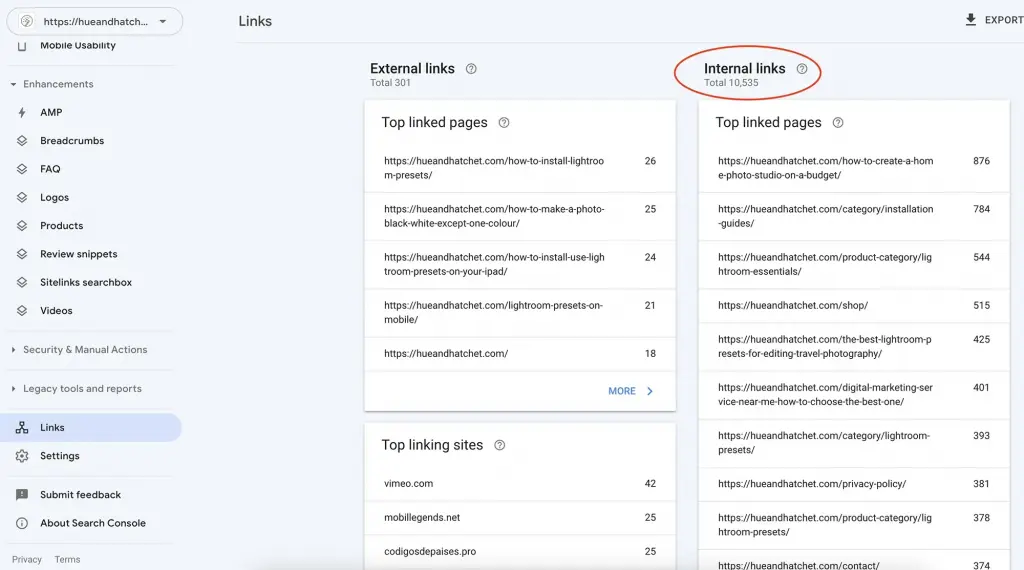 google search console internal links