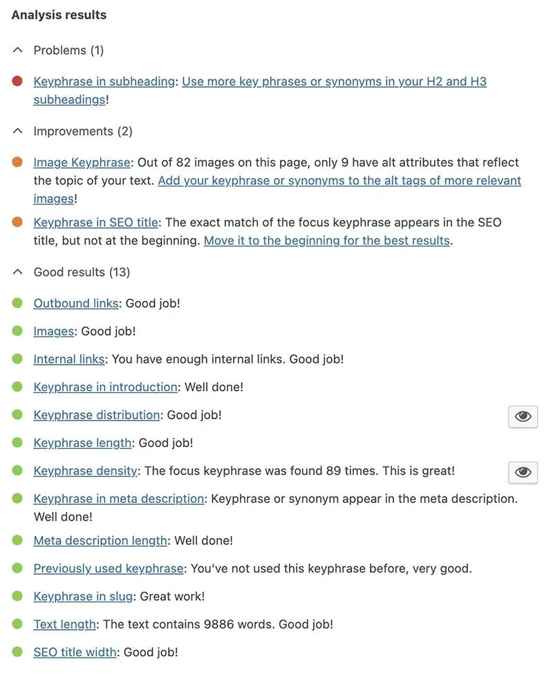 yoast seo analysis results