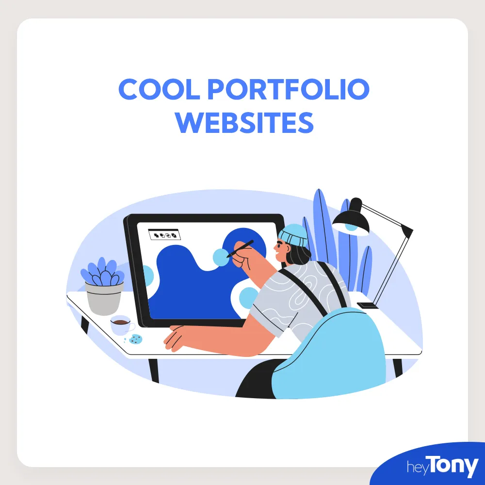 Text: 'cool portfolio websites' in blue above a graphic of someone working on an illustration tablet.