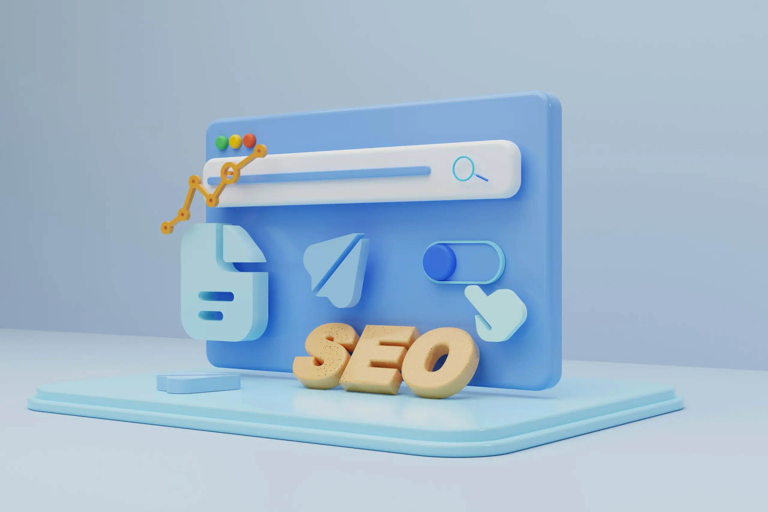 3D animation of an blue Safari internet window overlayed with document and mail icons and SEO letters
