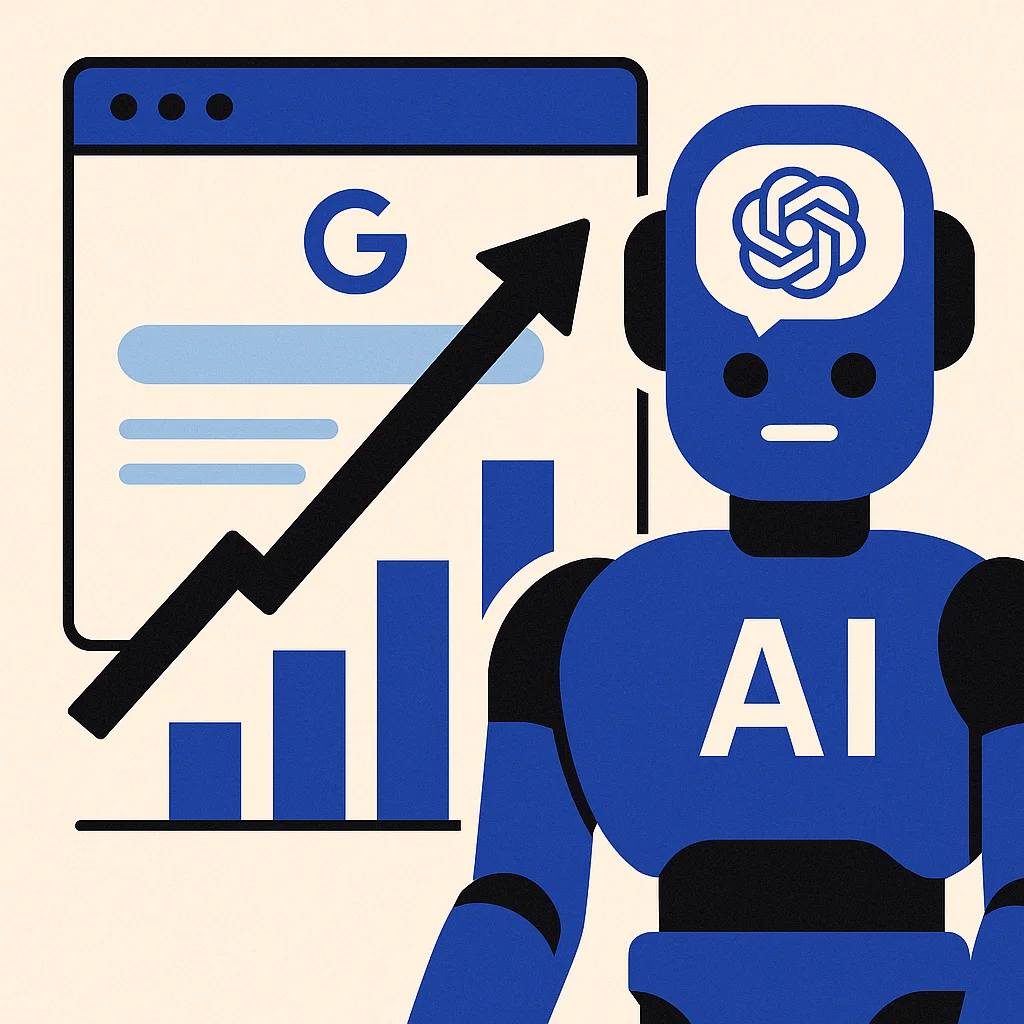 does-chatgpt-generated-text-hurt-your-seo-cartoon-AI-robot-in-front-of-rising-graph-and-Google-browser-window