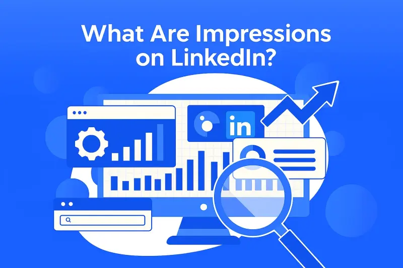 Graphic of what are impressions on LinkedIn blog post header with LinkedIn metrics on an iMac