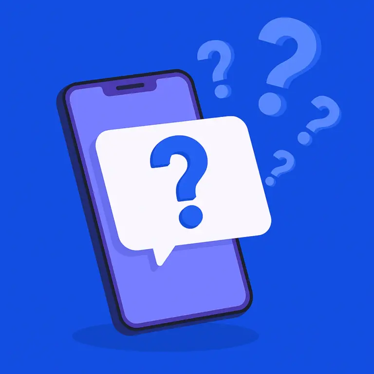 Flat illustration of a smartphone with question marks, representing featured snippets People Also Ask results in Google search