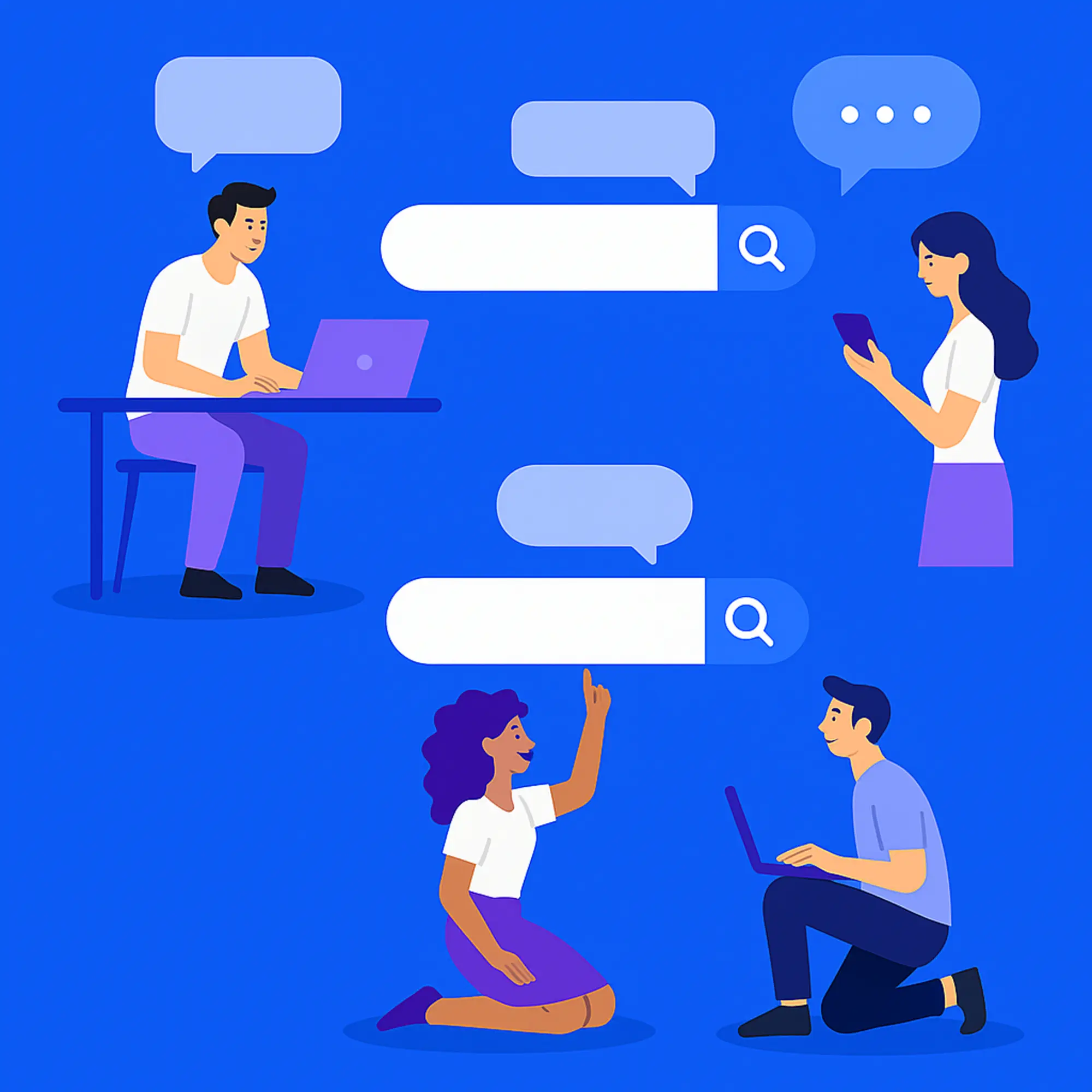 Illustration of people using laptops and smartphones with search bars and speech bubbles, symbolizing how to optimize for People Also Ask in SEO