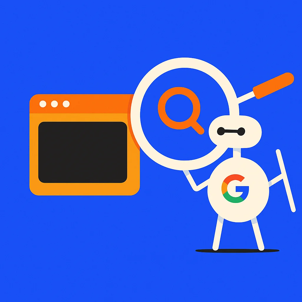 Robot analyzing website window with magnifying glass for SEO copywriting services