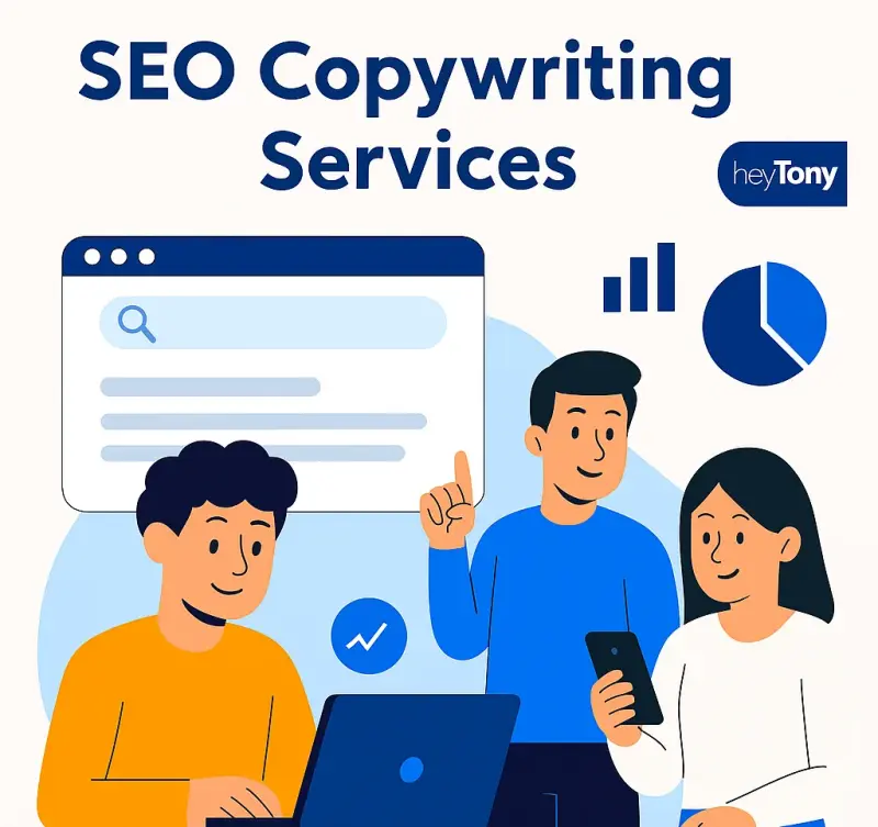Team working on SEO copywriting services with charts and search optimization visuals