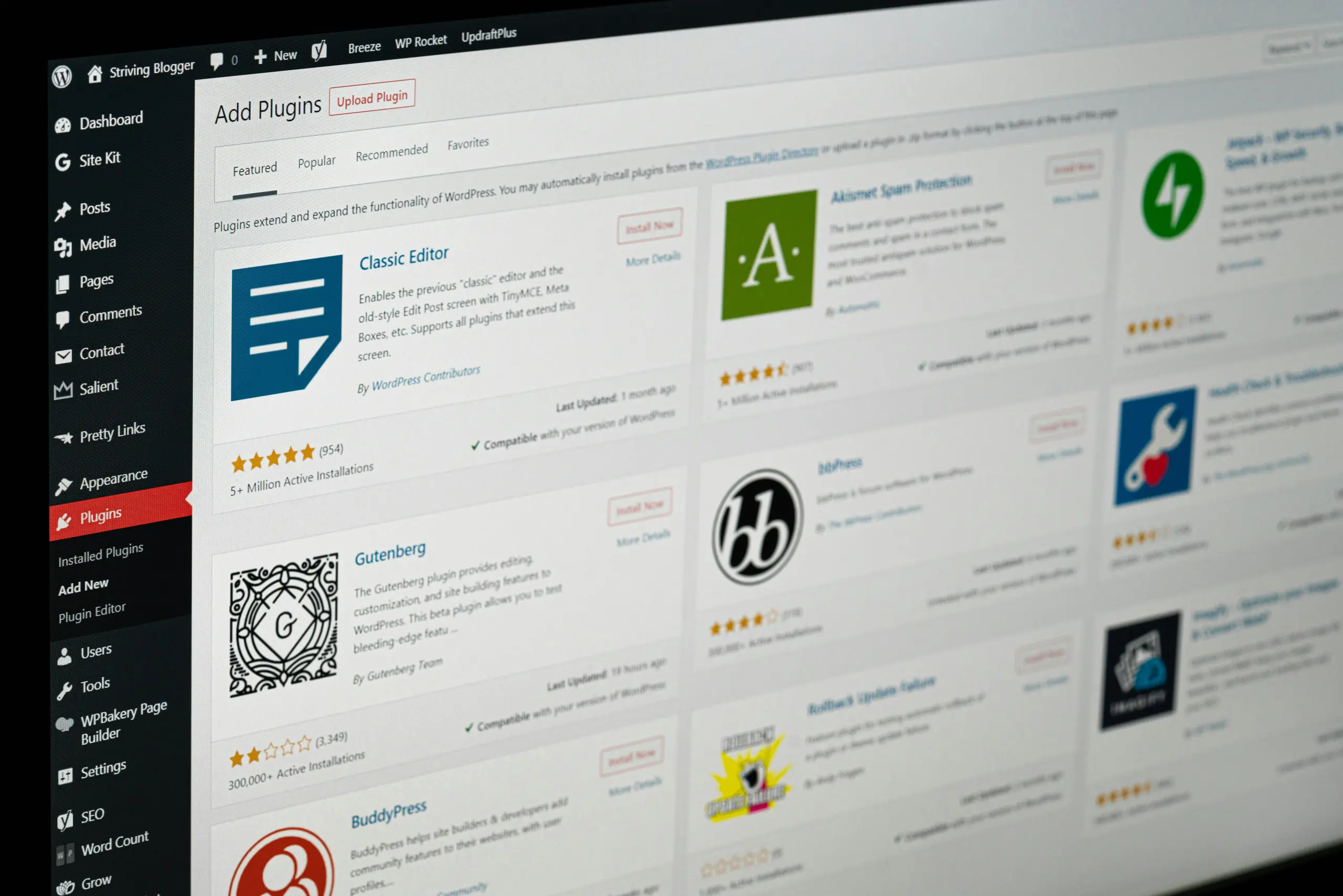 Photo of a computer screen with WordPress plugins