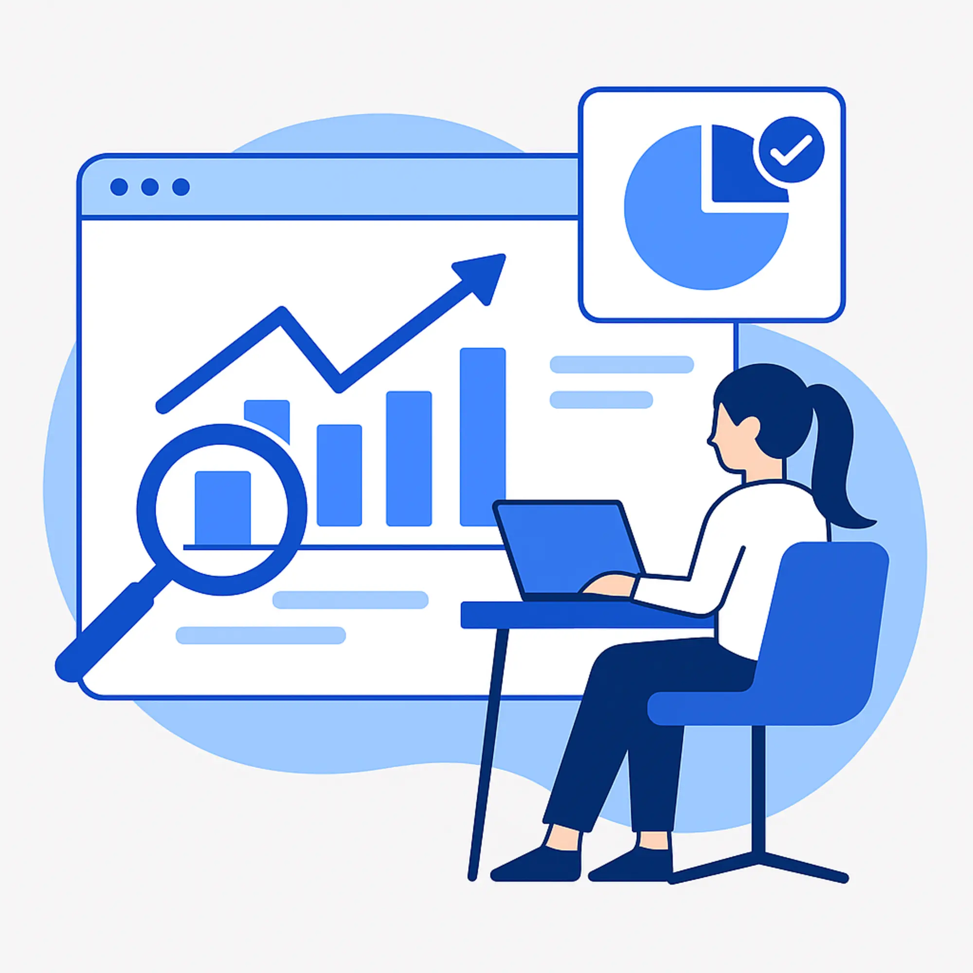 Graphic illustration of a woman analyzing SEO performance charts on a laptop, representing strategies for updating old blog posts for SEO to boost rankings and traffic