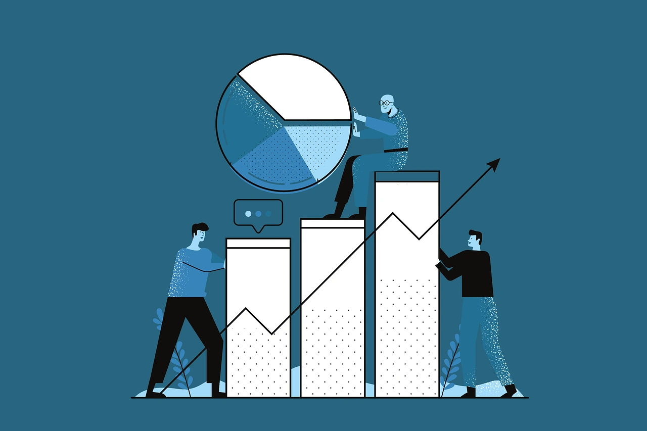 Illustration of a growth arrow on a bar chart and a pie chart for SEM SEA SEO metrics