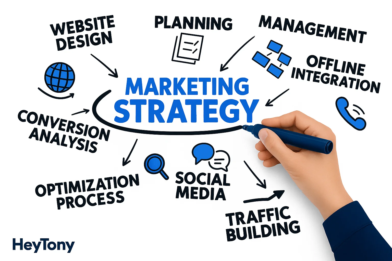 Graphic of a hand drawing a planning diagram showing what is marketing strategy and marketing mix