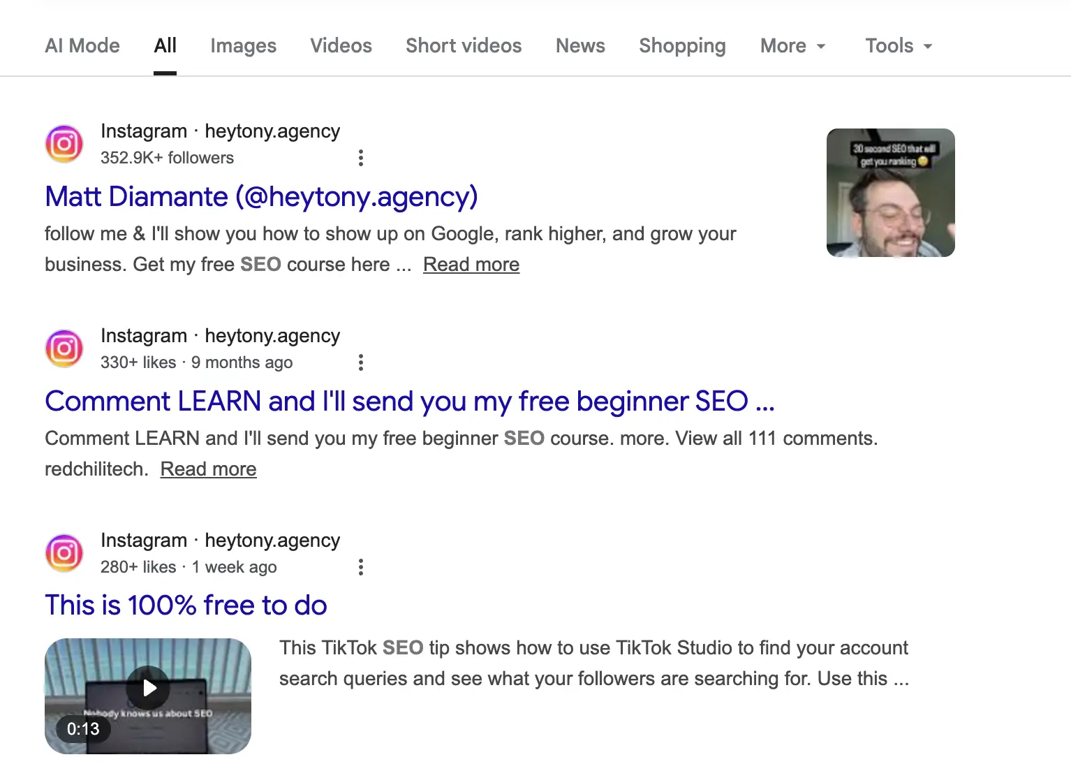 instagram ranking on google